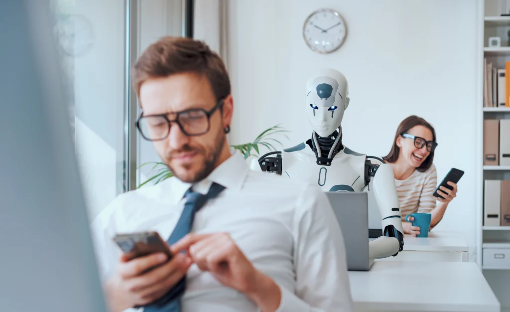 hombre y mujer trabajando con robot de ia